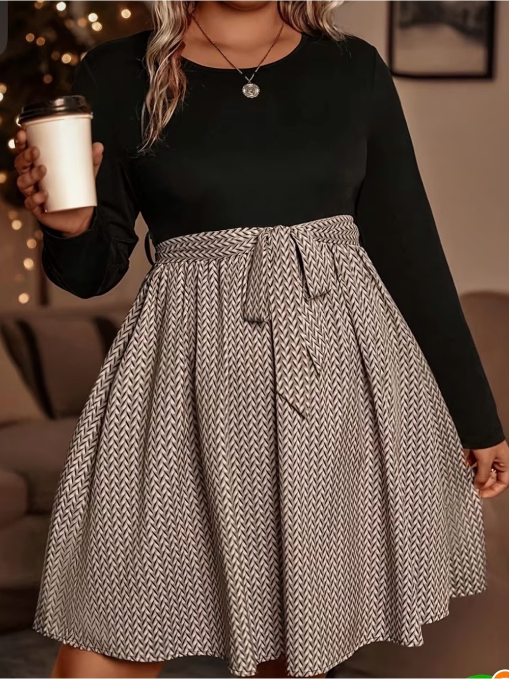 Plus Size Black dress with Cream Chevron Tie-Waist